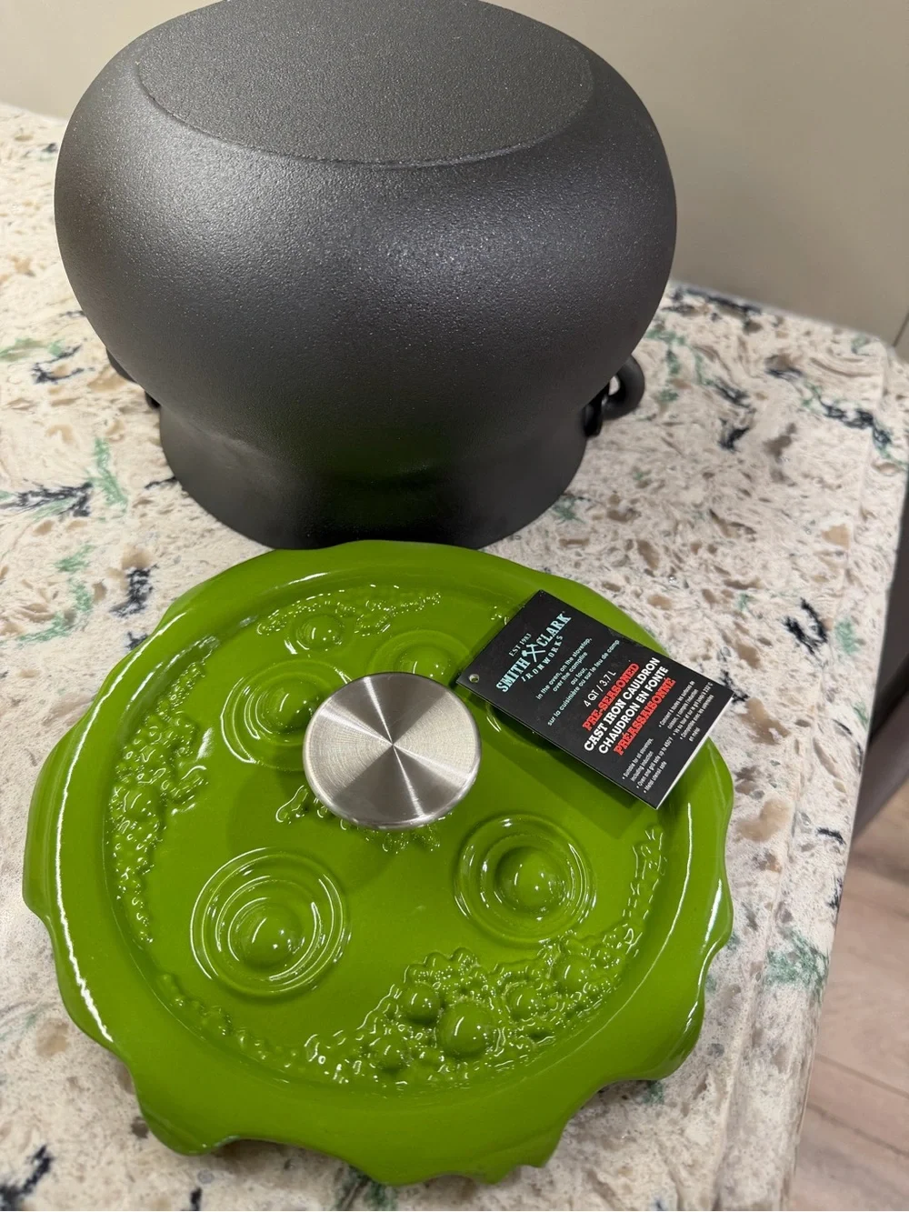 Bubbly Black Cast Iron Cauldron with Green Enamel Lid - Kitchen Cookware
